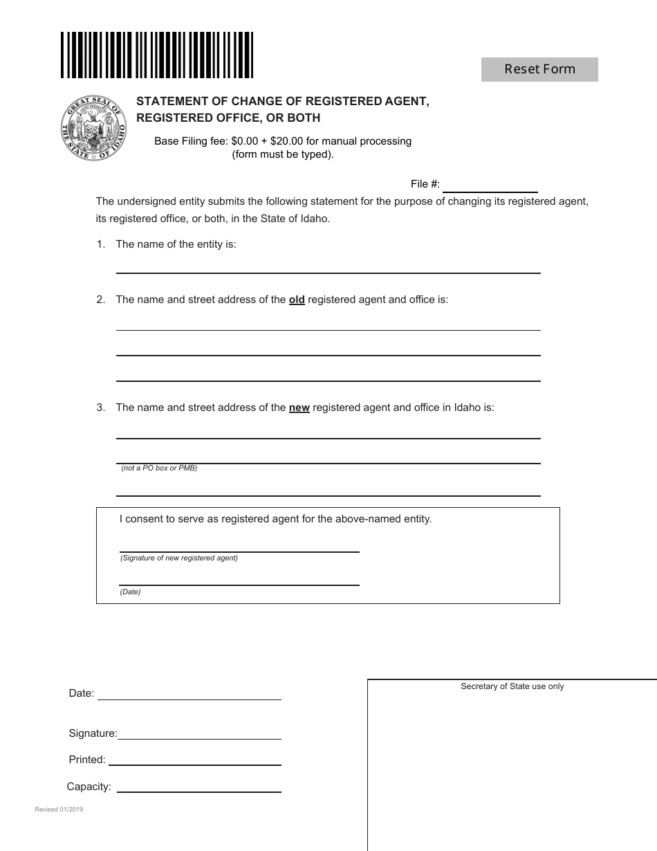 Statement of Change of Registered Agent, Registered Office, or Both - Idaho, Page 1