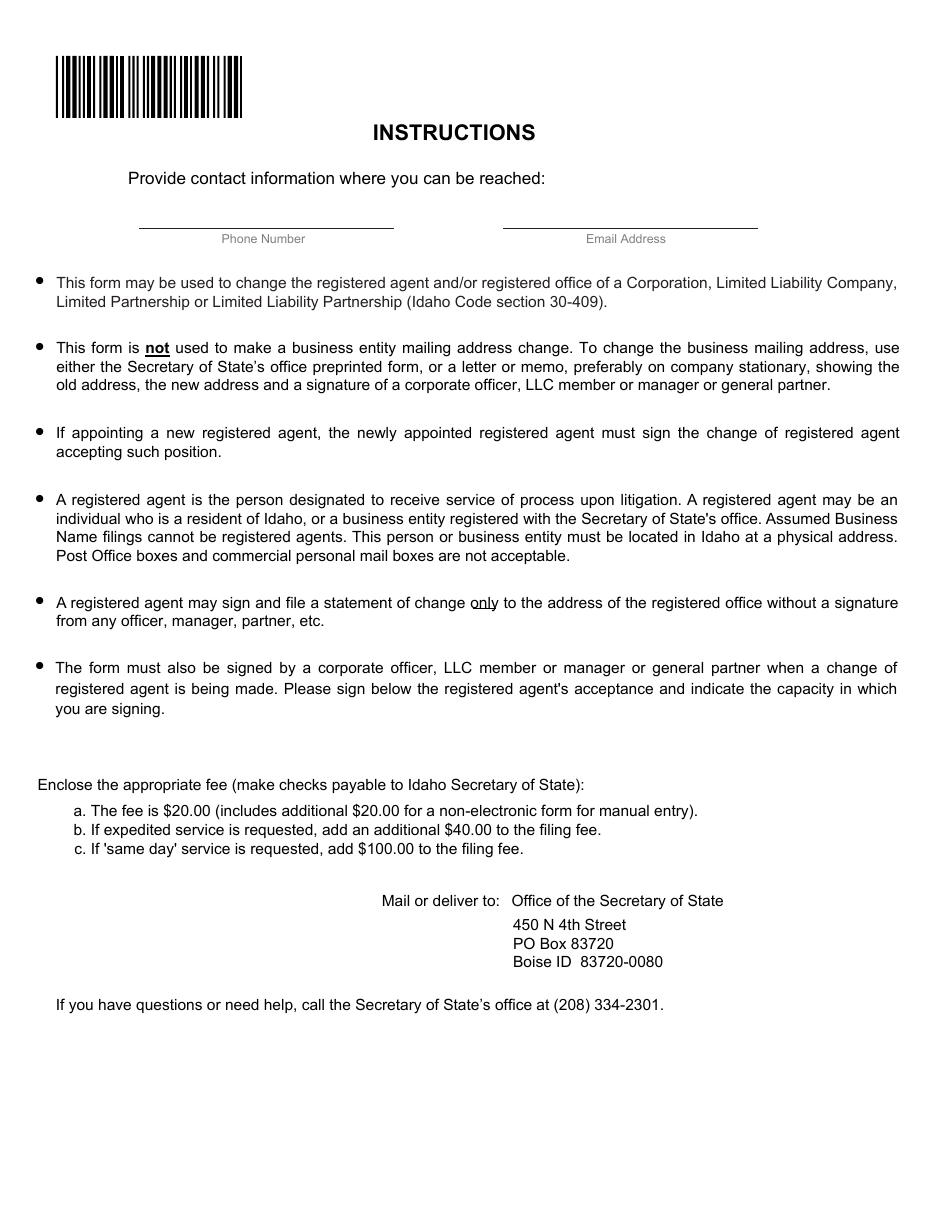 Statement of Change of Registered Agent, Registered Office, or Both - Idaho, Page 2
