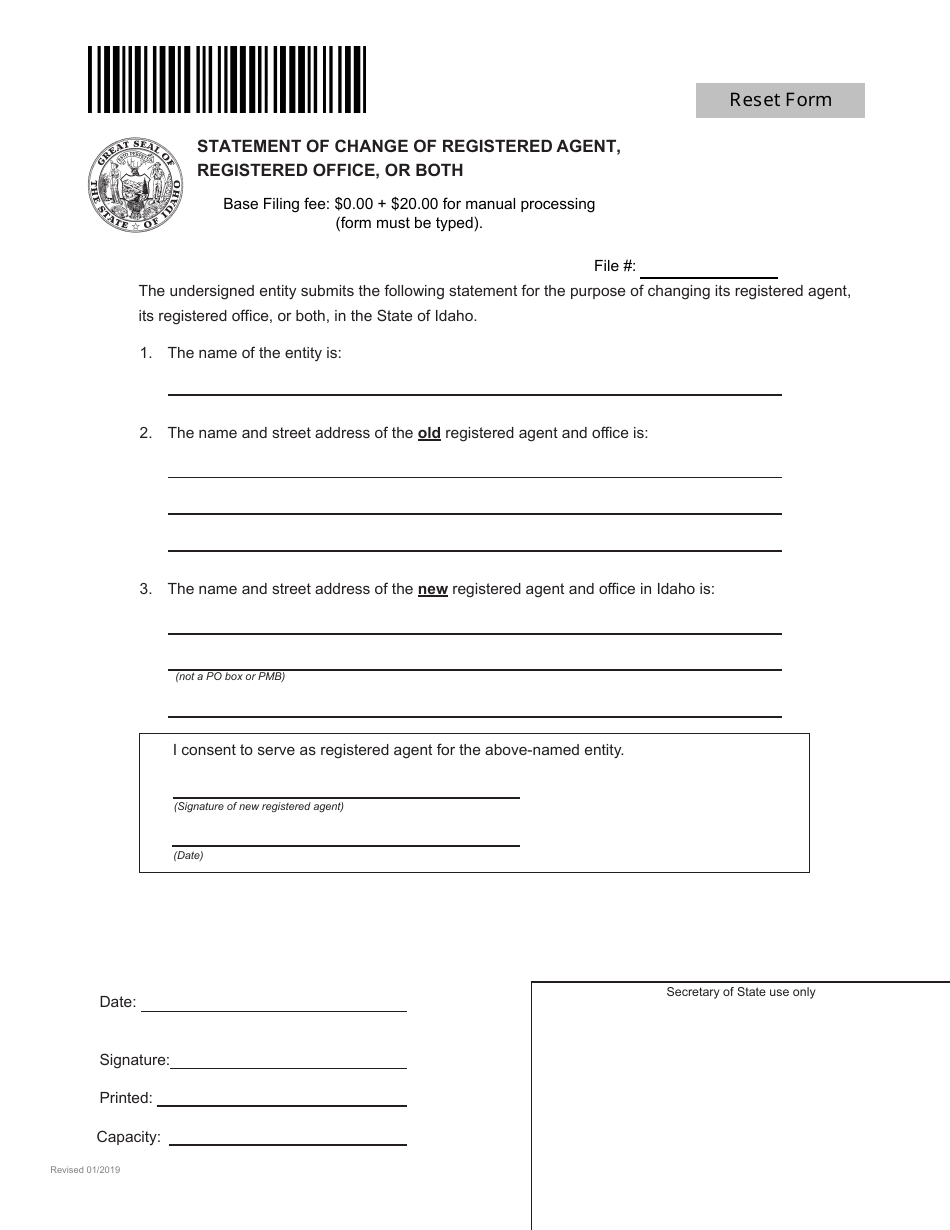 Registered Agent Form.pdf Idaho Statement of Change of Registered Agent, Registered Office, or ...