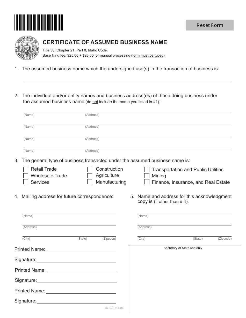 Certificate of Assumed Business Name - Idaho, Page 1