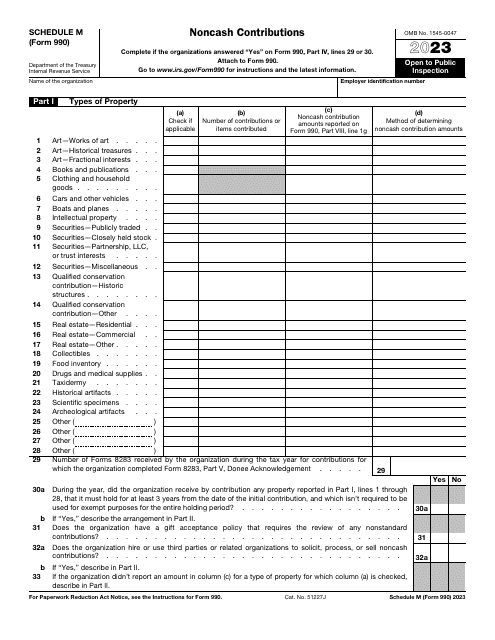 IRS Form 990 Schedule M Noncash Contributions, 2023