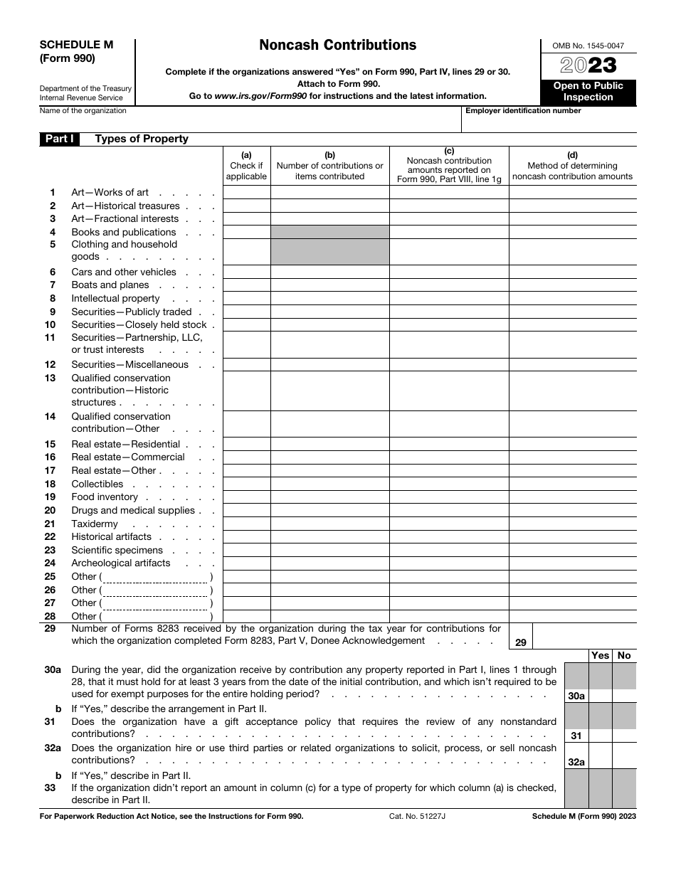 IRS Form 990 Schedule M Noncash Contributions, Page 1