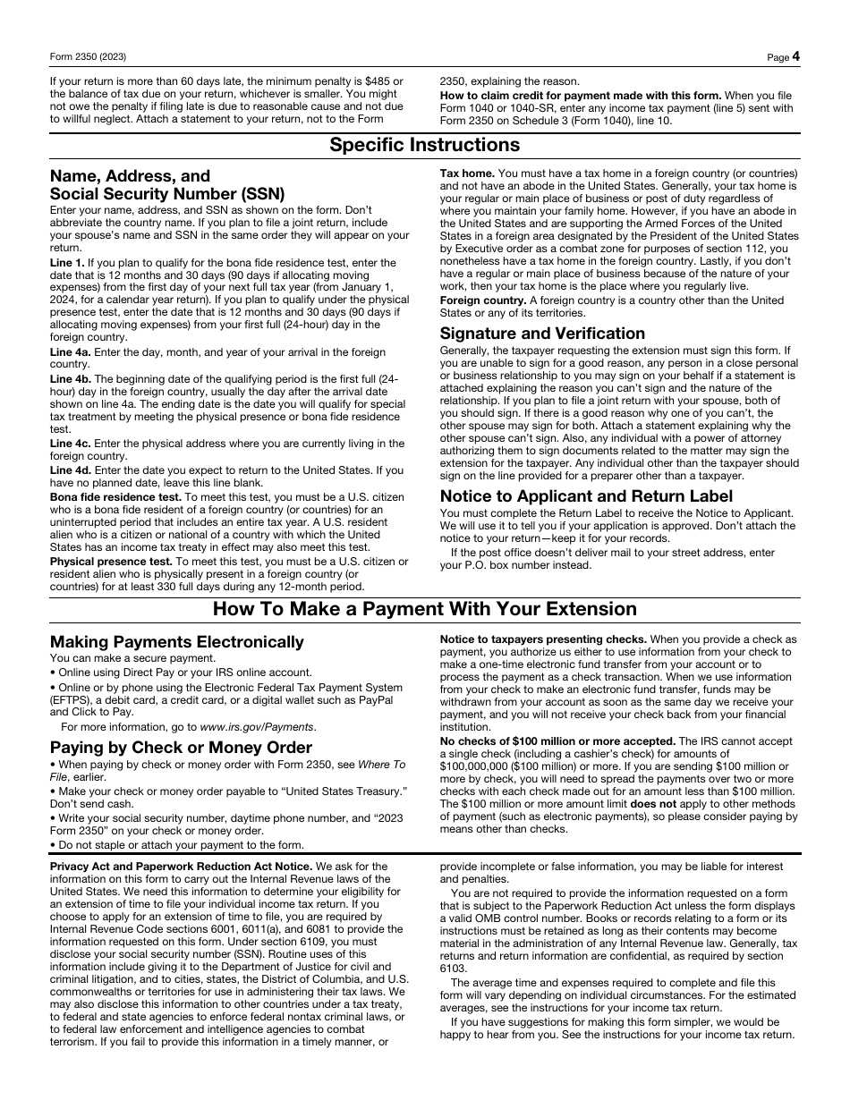 IRS Form 2350 Application for Extension of Time to File U.S. Income Tax Return, Page 4