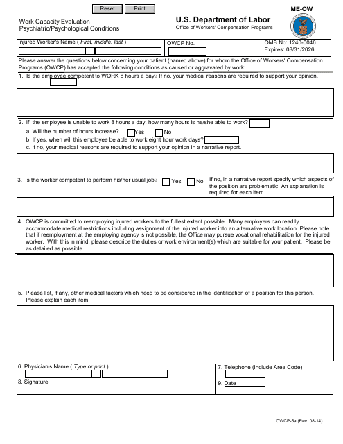Form OWCP-5A Work Capacity Evaluation Psychiatric/Psychological Conditions