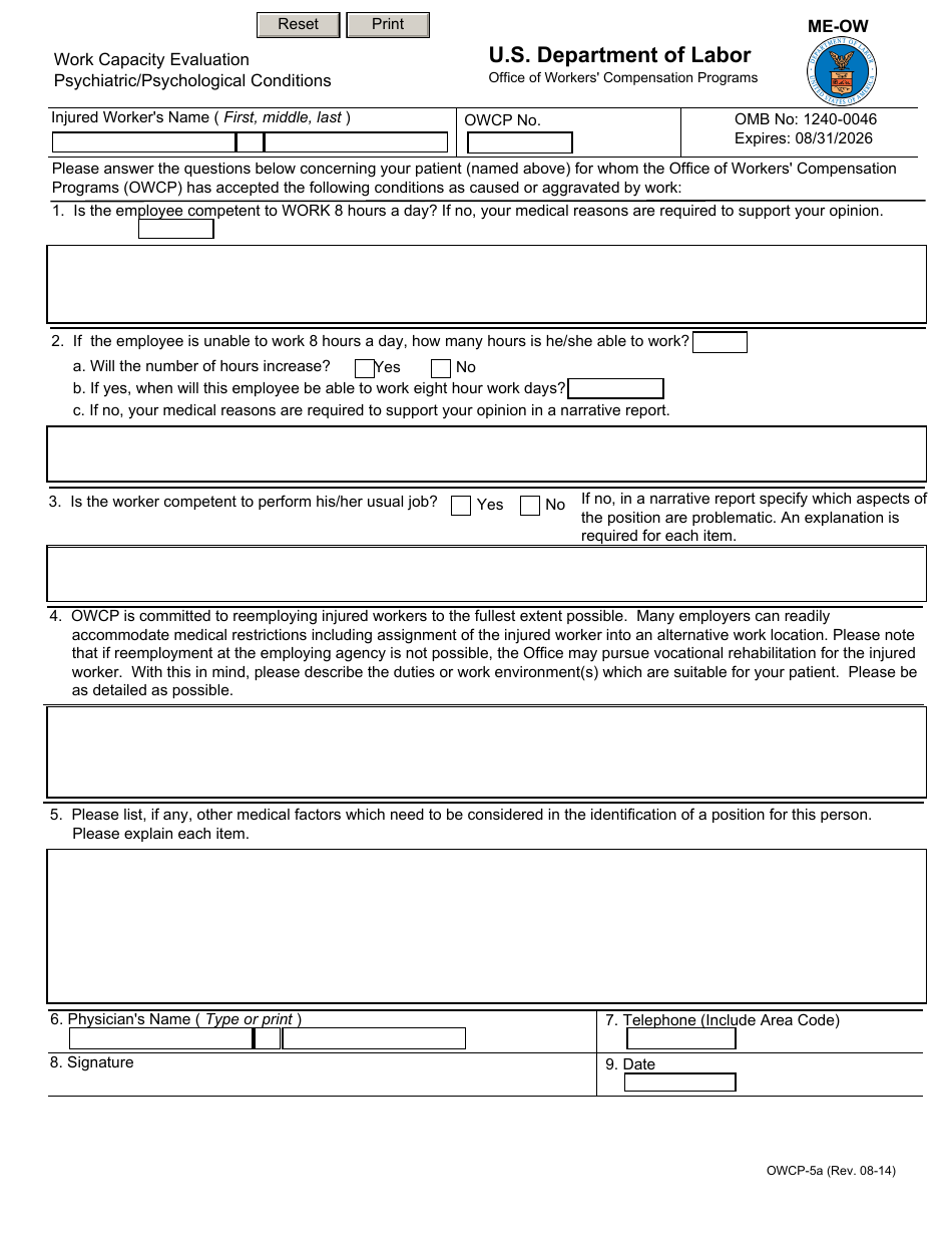 Form OWCP-5A Work Capacity Evaluation Psychiatric / Psychological Conditions, Page 1