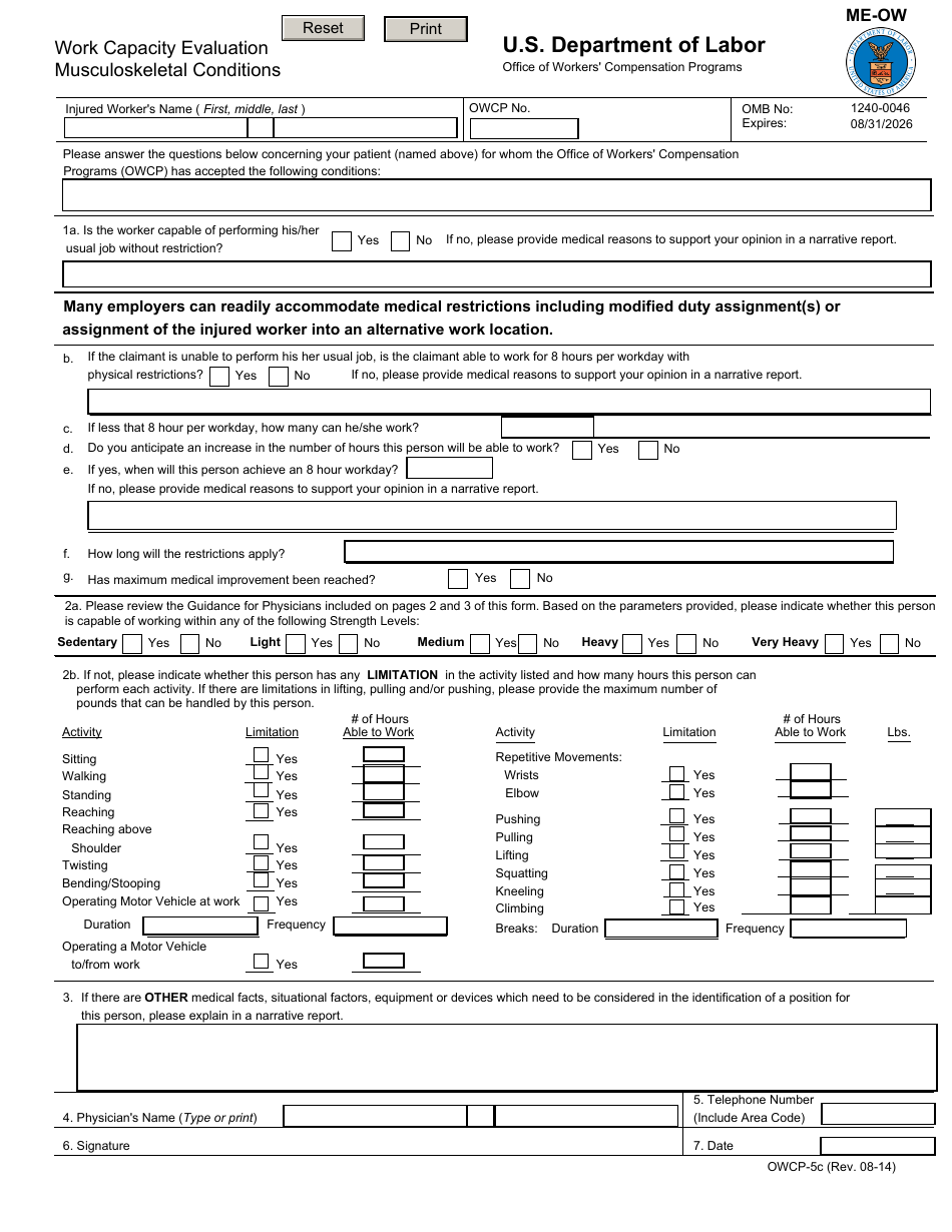 Form OWCP-5C Work Capacity Evaluation Musculoskeletal Conditions, Page 1