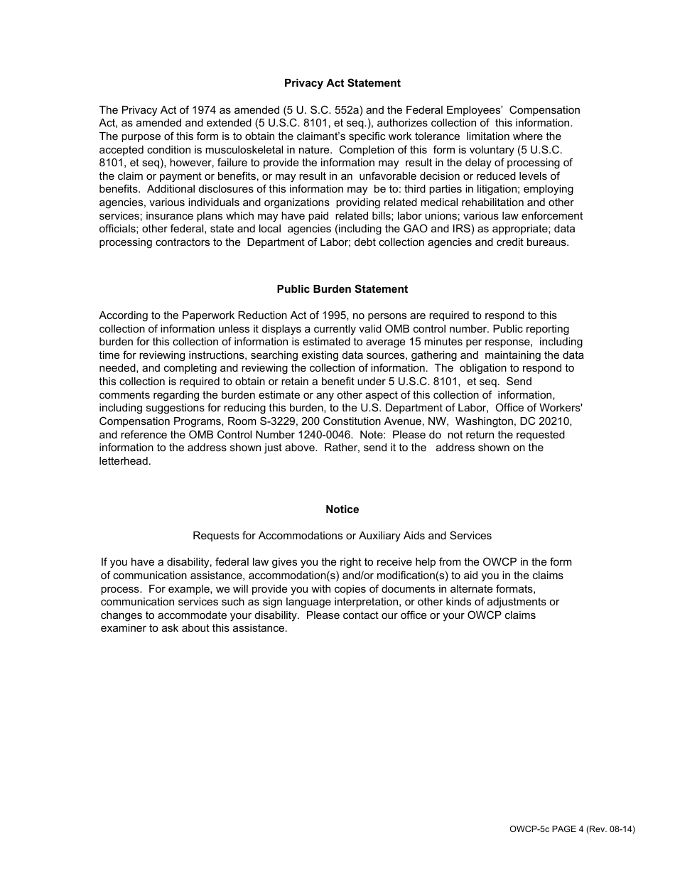 Form OWCP5C Fill Out, Sign Online and Download Fillable PDF