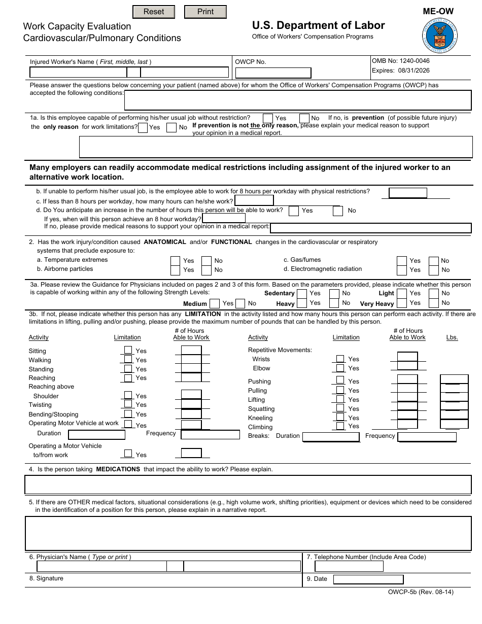 Form OWCP-5B Work Capacity Evaluation Cardiovascular / Pulmonary Conditions, Page 1