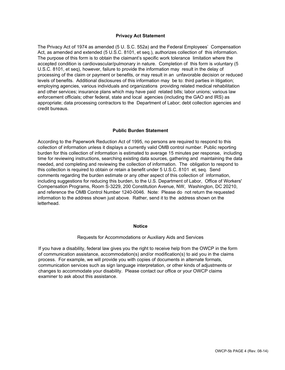 Form OWCP-5B Work Capacity Evaluation Cardiovascular / Pulmonary Conditions, Page 4