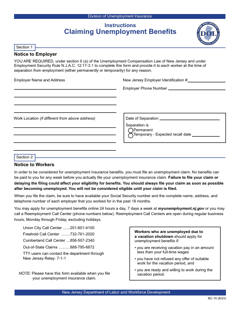 Form BC-10 Instructions for Claiming Unemployment Benefits - New Jersey