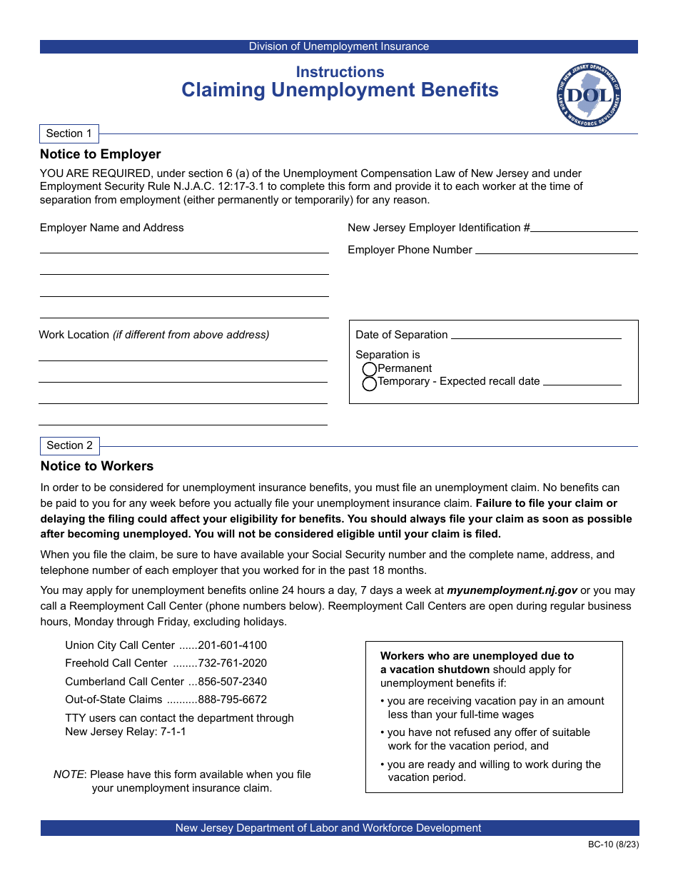 Form BC-10 Instructions for Claiming Unemployment Benefits - New Jersey, Page 1