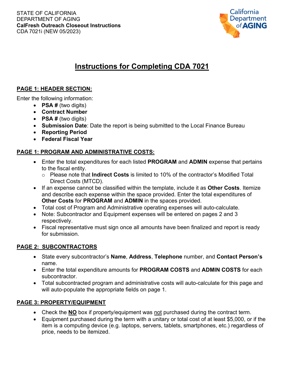 Instructions for Form CDA7021 CalFresh Outreach Closeout - California, Page 1