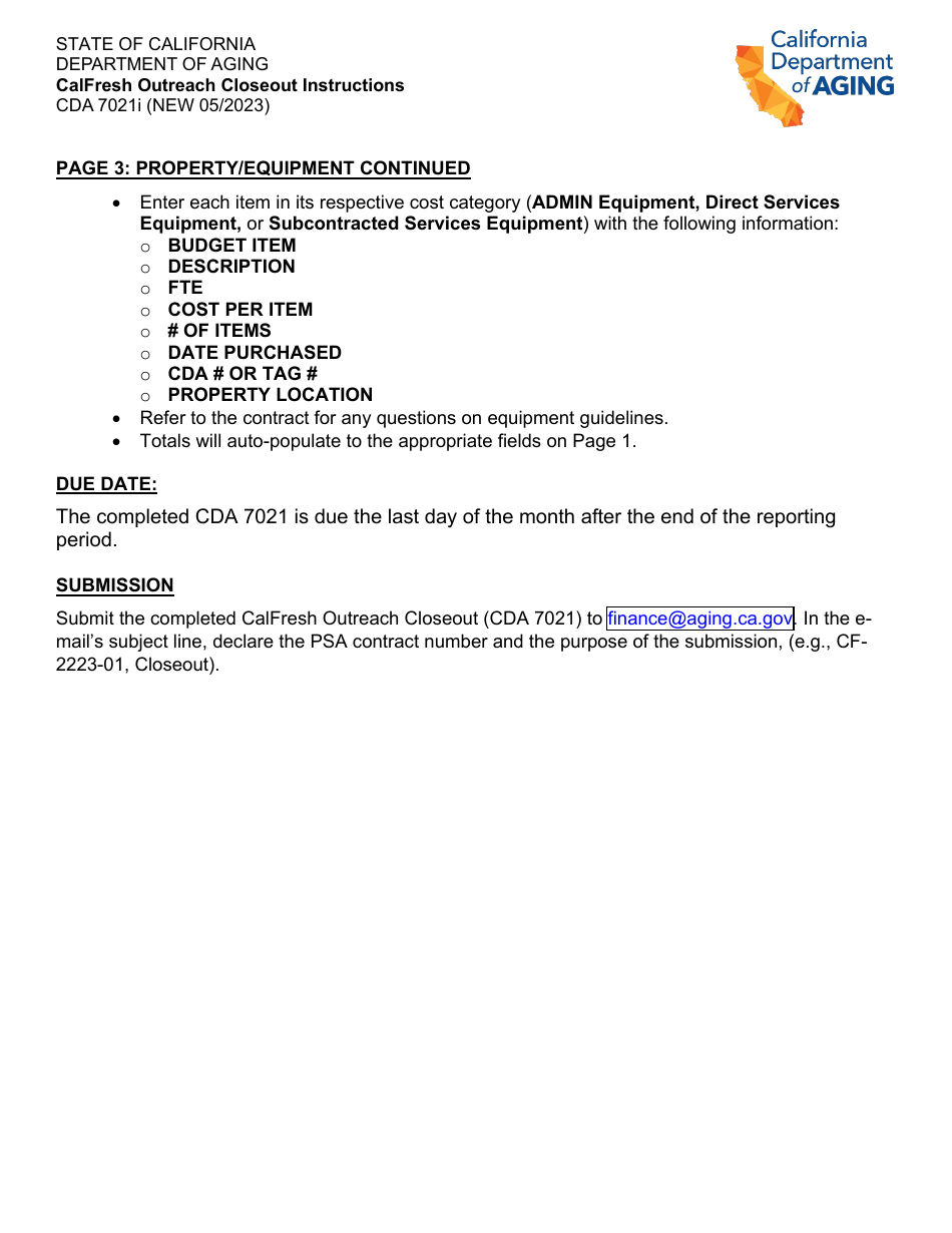 Instructions for Form CDA7021 CalFresh Outreach Closeout - California, Page 2