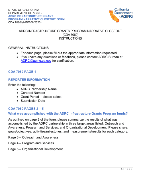 Instructions for Form CDA7060 Narrative Closeout Form - Adrc Infrastructure Grant Program - California