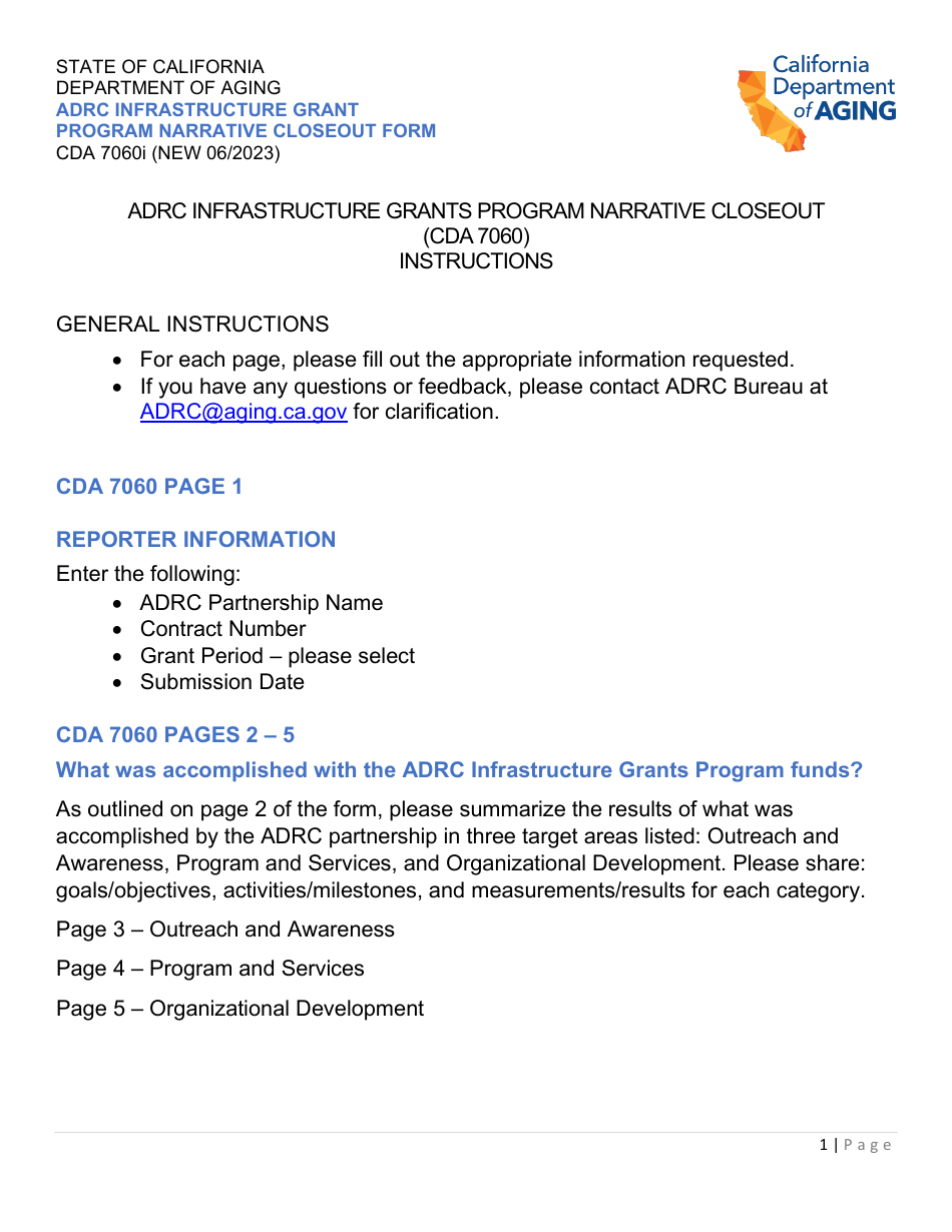 Instructions for Form CDA7060 Narrative Closeout Form - Adrc Infrastructure Grant Program - California, Page 1