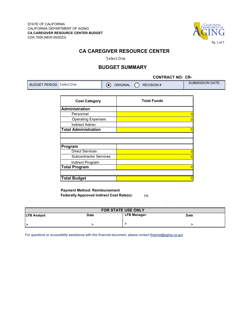 Form CDA7059 Ca Caregiver Resource Center Budget - California, Page 1