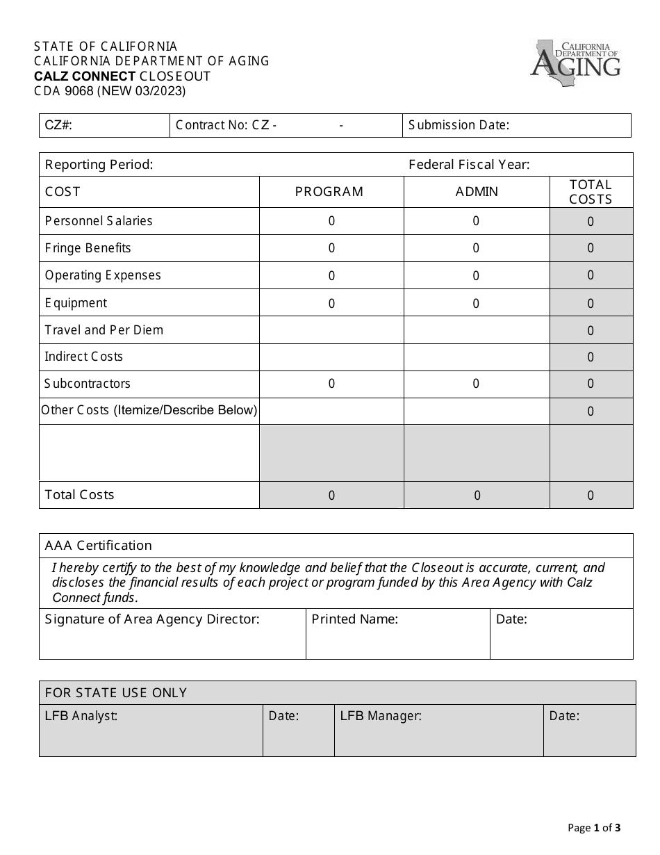 Form CDA9068 Calz Connect Closeout - California, Page 1