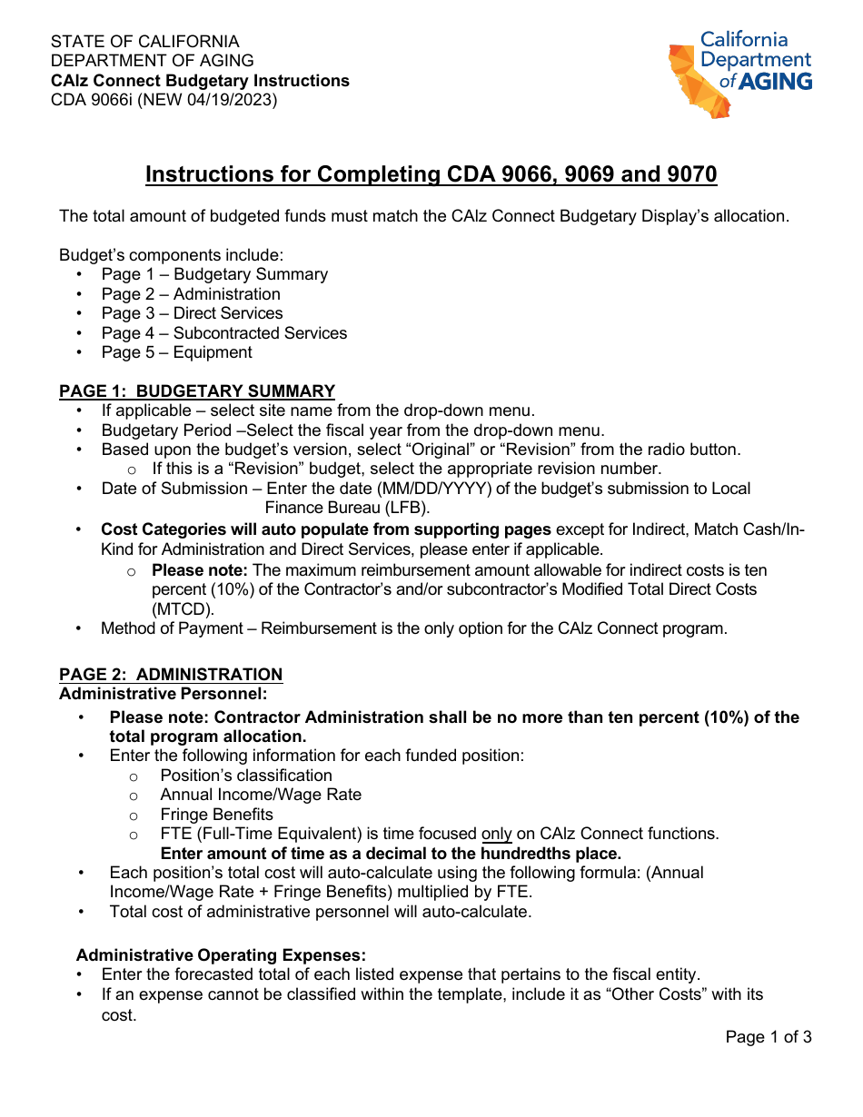 Instructions for Form CDA9066, CDA9069, CDA9070 - California, Page 1