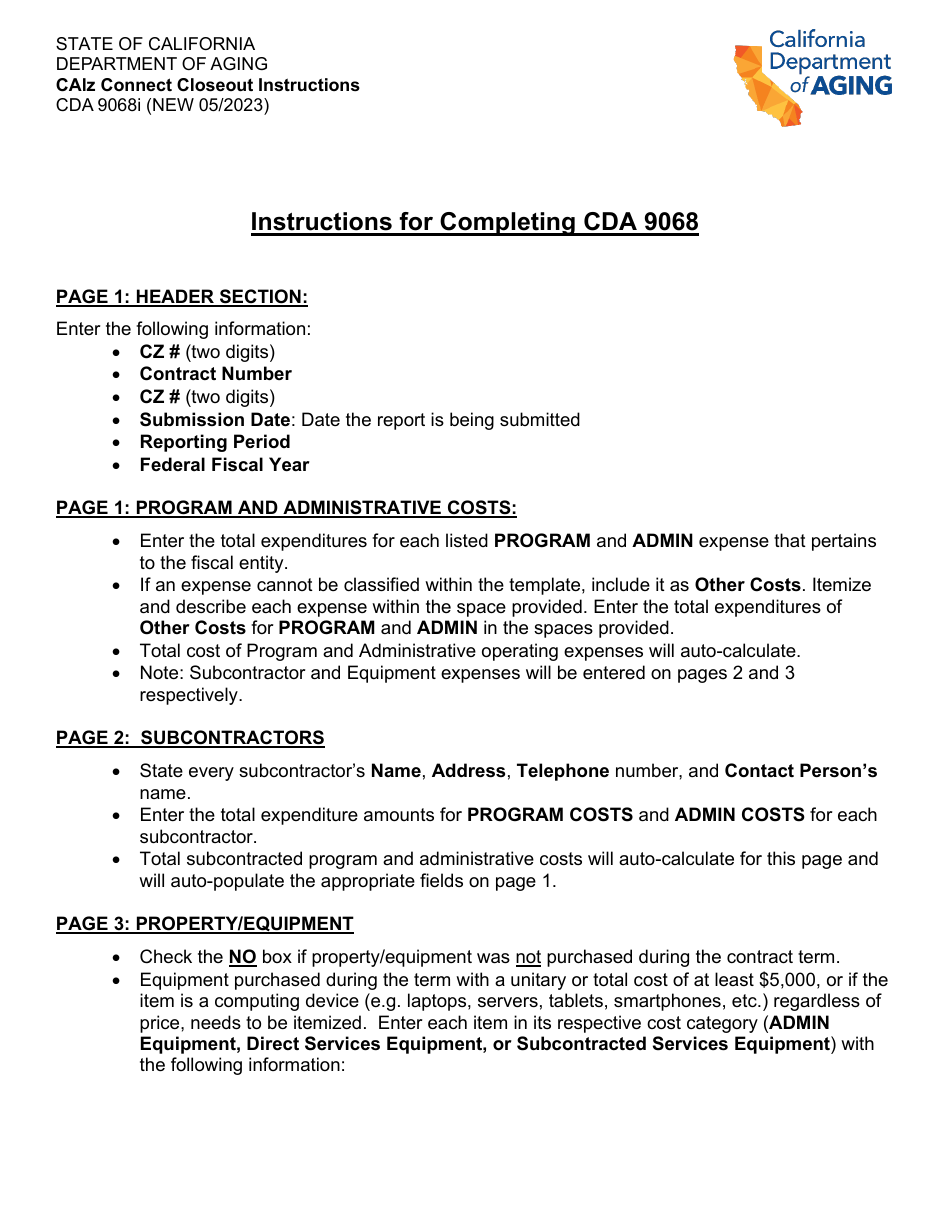 Instructions for Form CDA9068 Calz Connect Closeout - California, Page 1