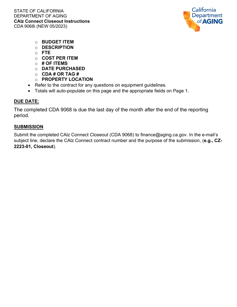 Instructions for Form CDA9068 Calz Connect Closeout - California, Page 2