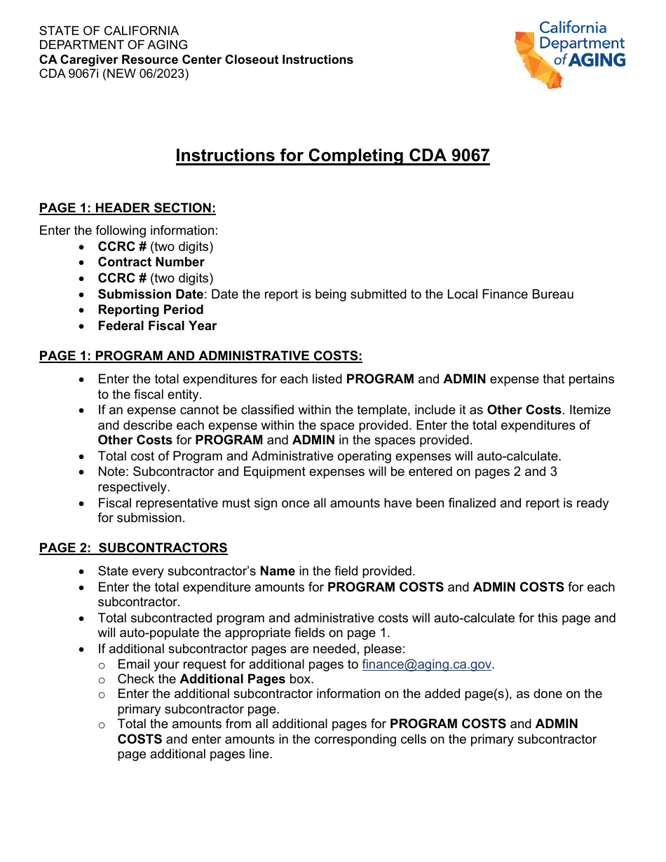 Instructions for Form CDA9067 California Caregiver Resource Center Closeout - California, Page 1