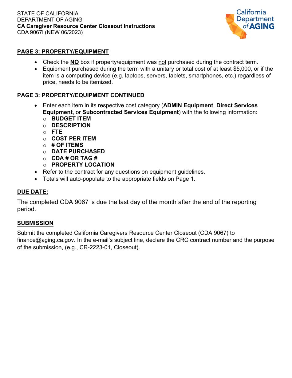 Instructions for Form CDA9067 California Caregiver Resource Center Closeout - California, Page 2