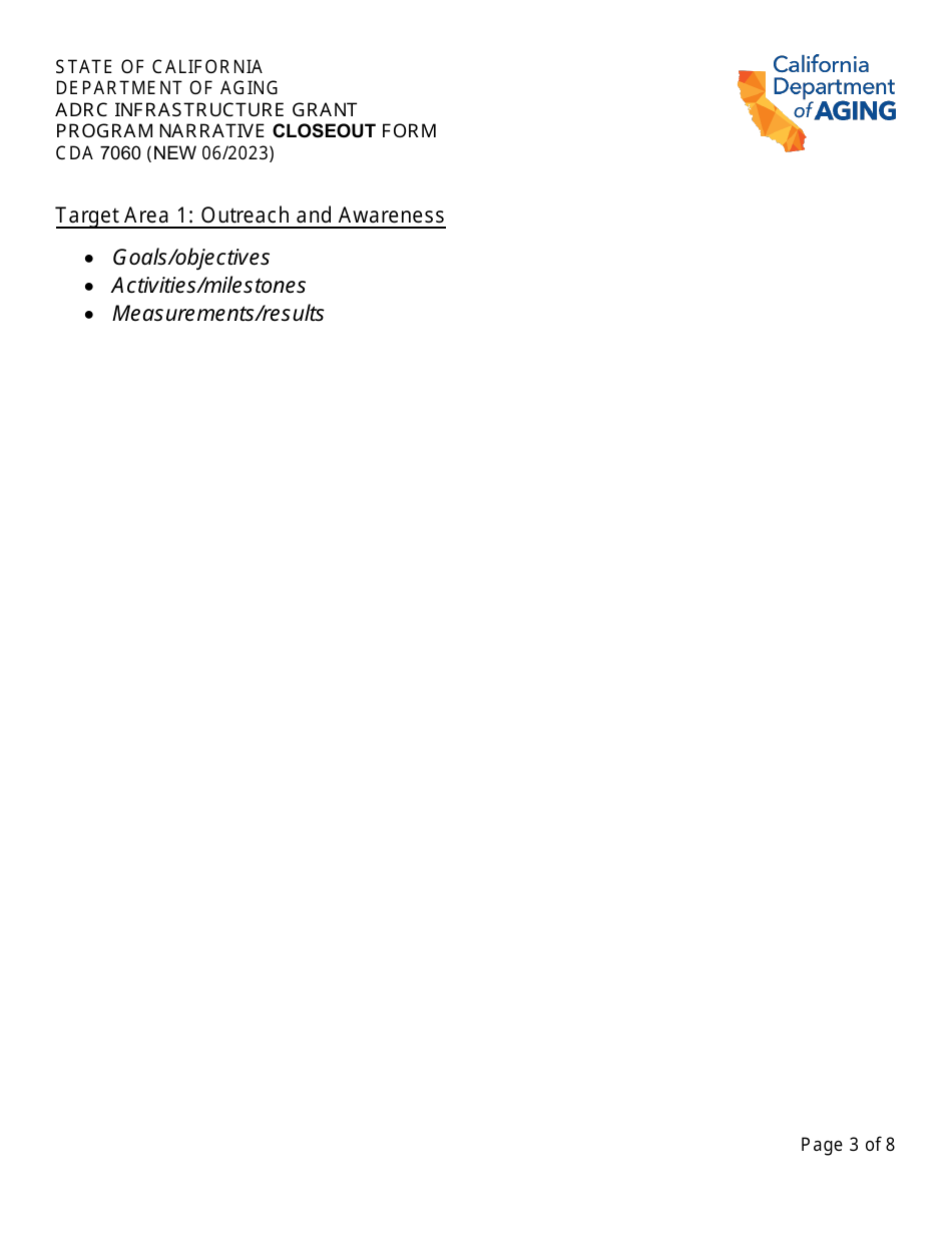 Form CDA7060 Narrative Closeout Form - Adrc Infrastructure Grant Program - California, Page 3