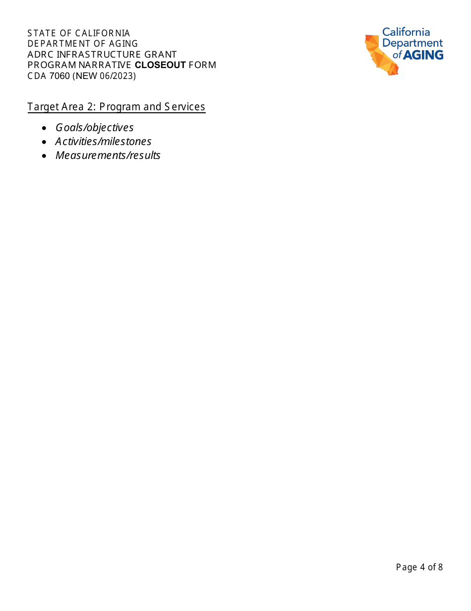 Form CDA7060 Narrative Closeout Form - Adrc Infrastructure Grant Program - California, Page 4
