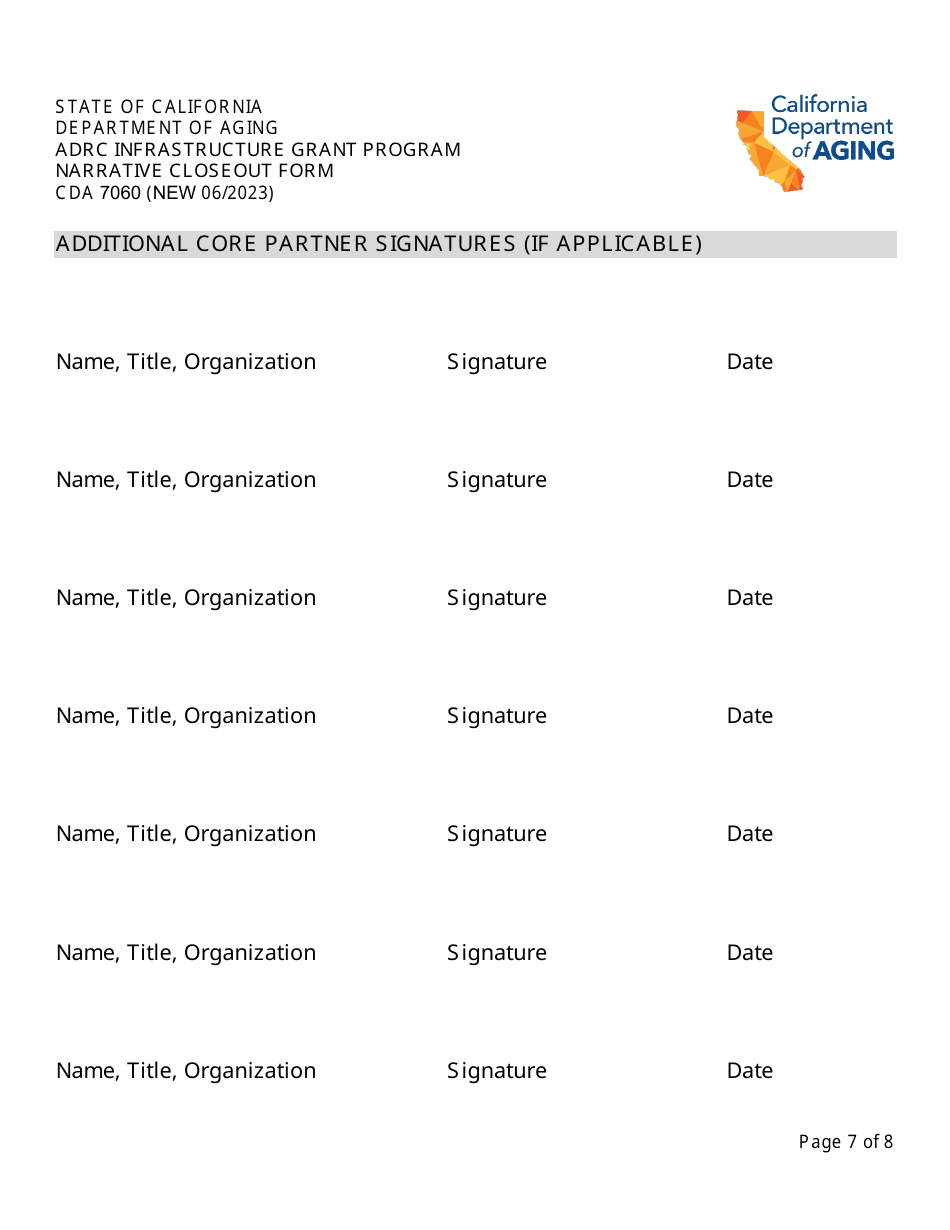 Form CDA7060 Narrative Closeout Form - Adrc Infrastructure Grant Program - California, Page 7