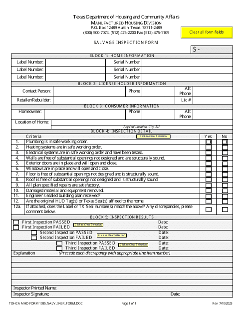 MHD Form 1085 Salvage Inspection Form - Texas