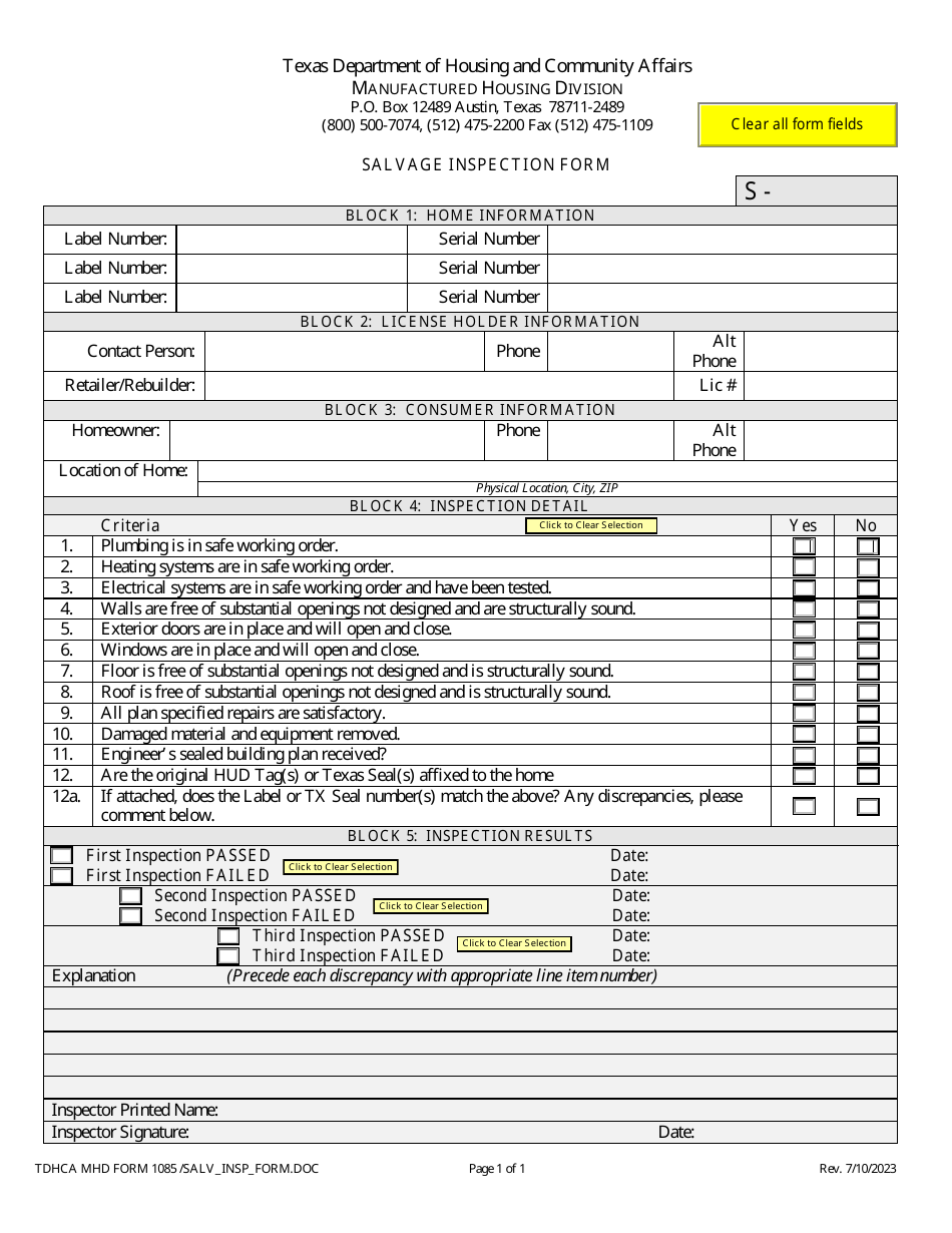 MHD Form 1085 Salvage Inspection Form - Texas, Page 1