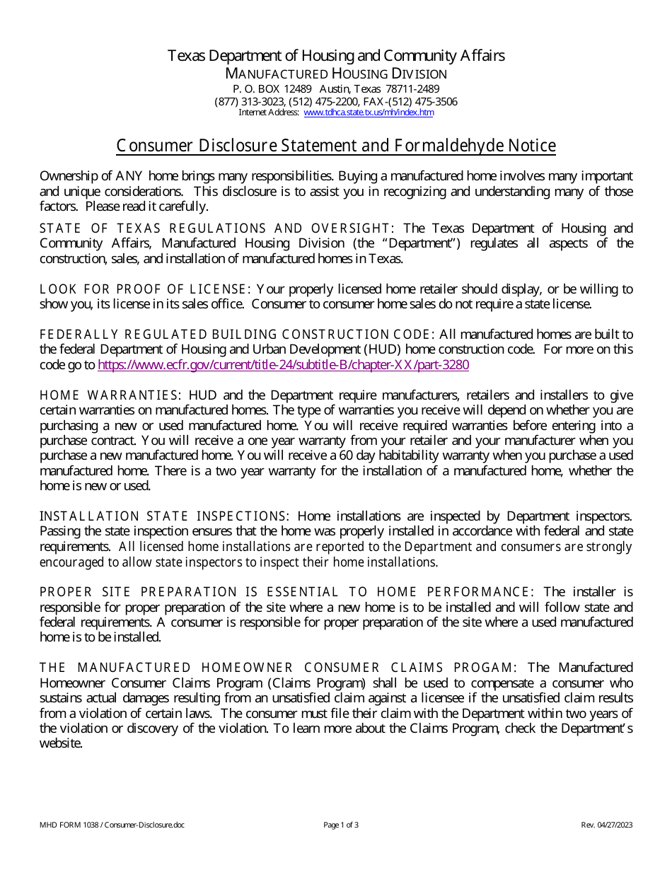 MHD Form 1038 Consumer Disclosure Statement and Formaldehyde Notice - Texas, Page 1