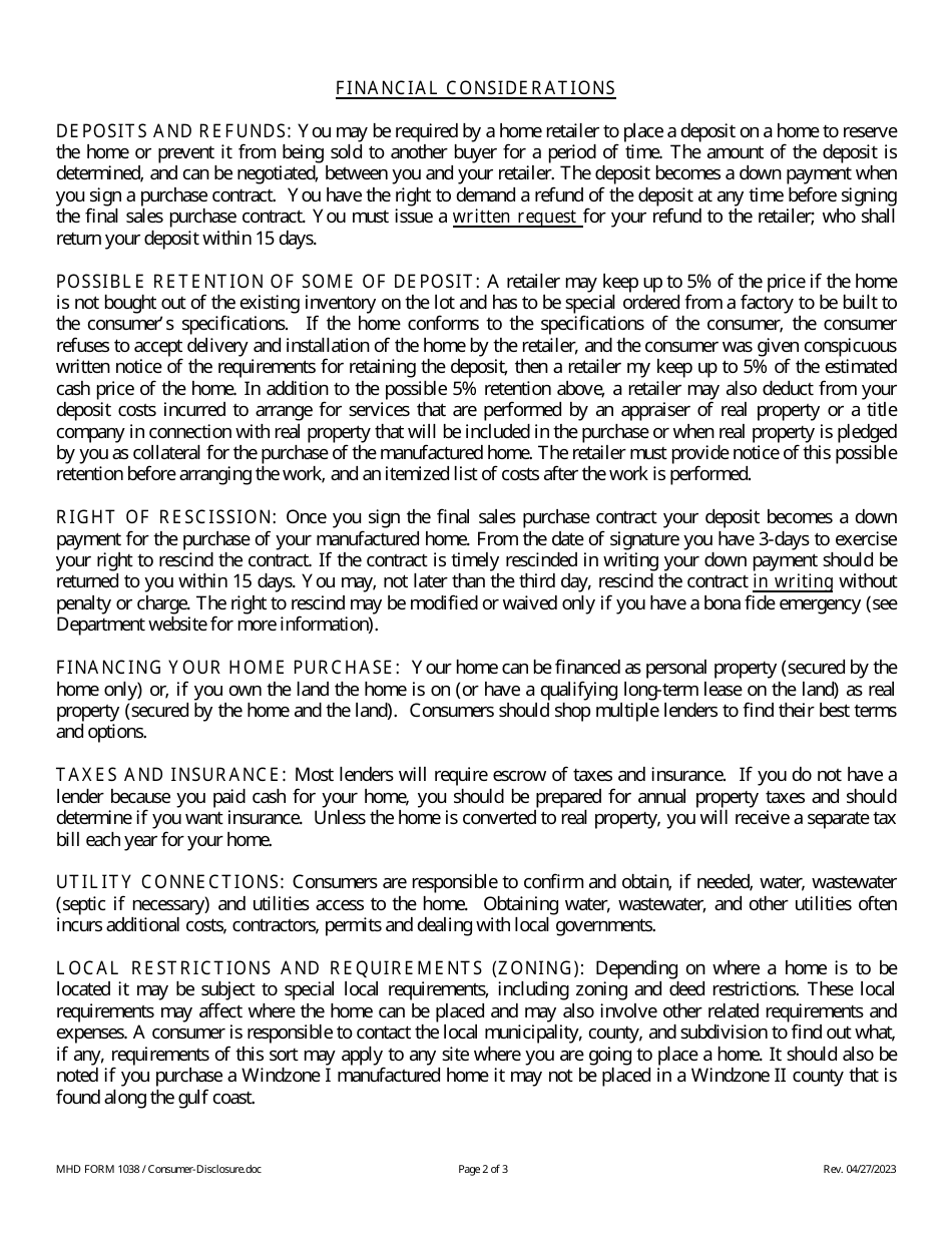 MHD Form 1038 Consumer Disclosure Statement and Formaldehyde Notice - Texas, Page 2