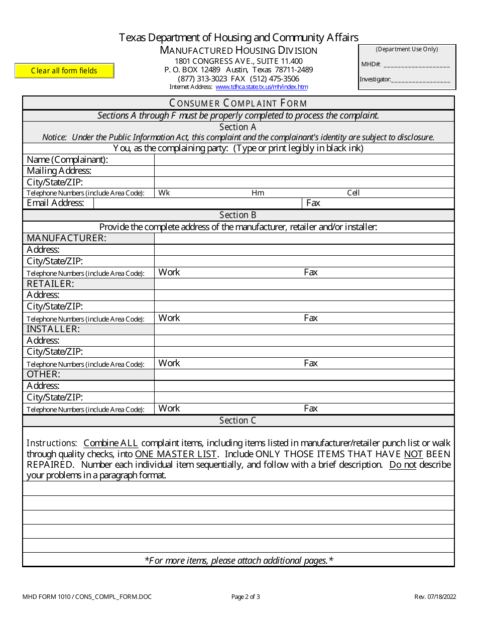 MHD Form 1010 Download Fillable PDF or Fill Online Consumer Complaint ...