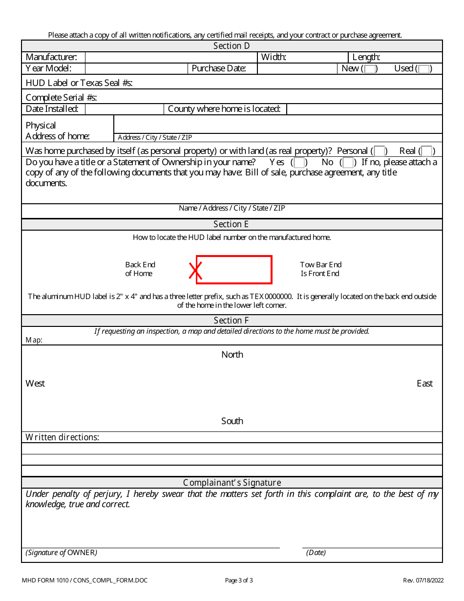 MHD Form 1010 Consumer Complaint Form - Texas, Page 3