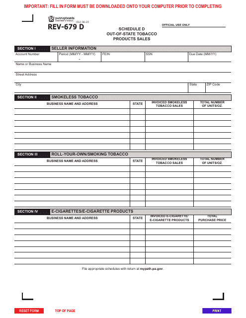 Form REV-679 D Schedule D Out-of-State Tobacco Products Sales - Pennsylvania