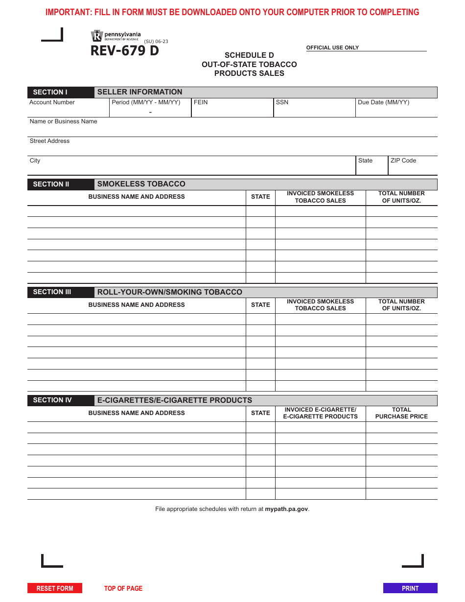 Form REV-679 D Schedule D Out-of-State Tobacco Products Sales - Pennsylvania, Page 1