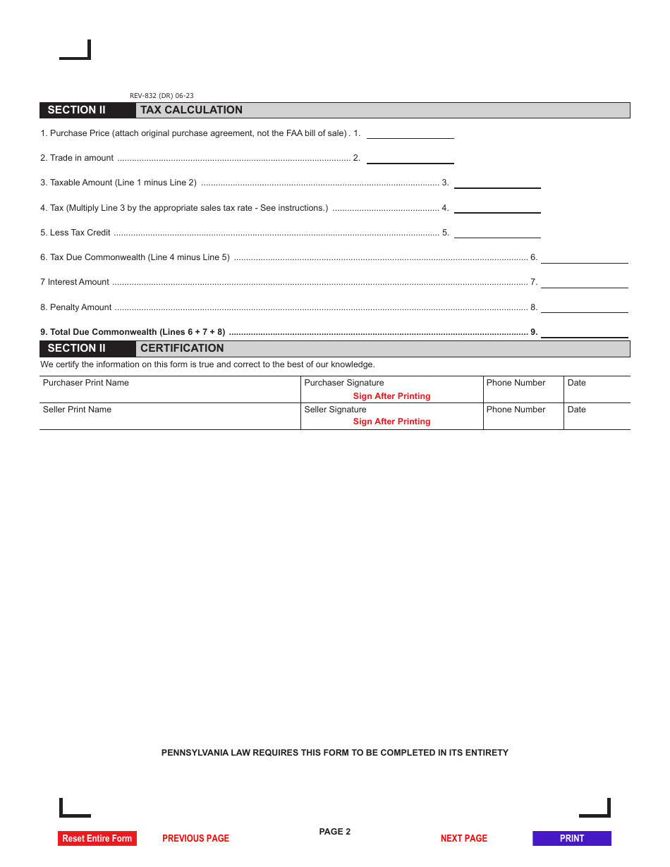 Form REV-832 Aircraft Sales and Use Tax Return - Pennsylvania, Page 2