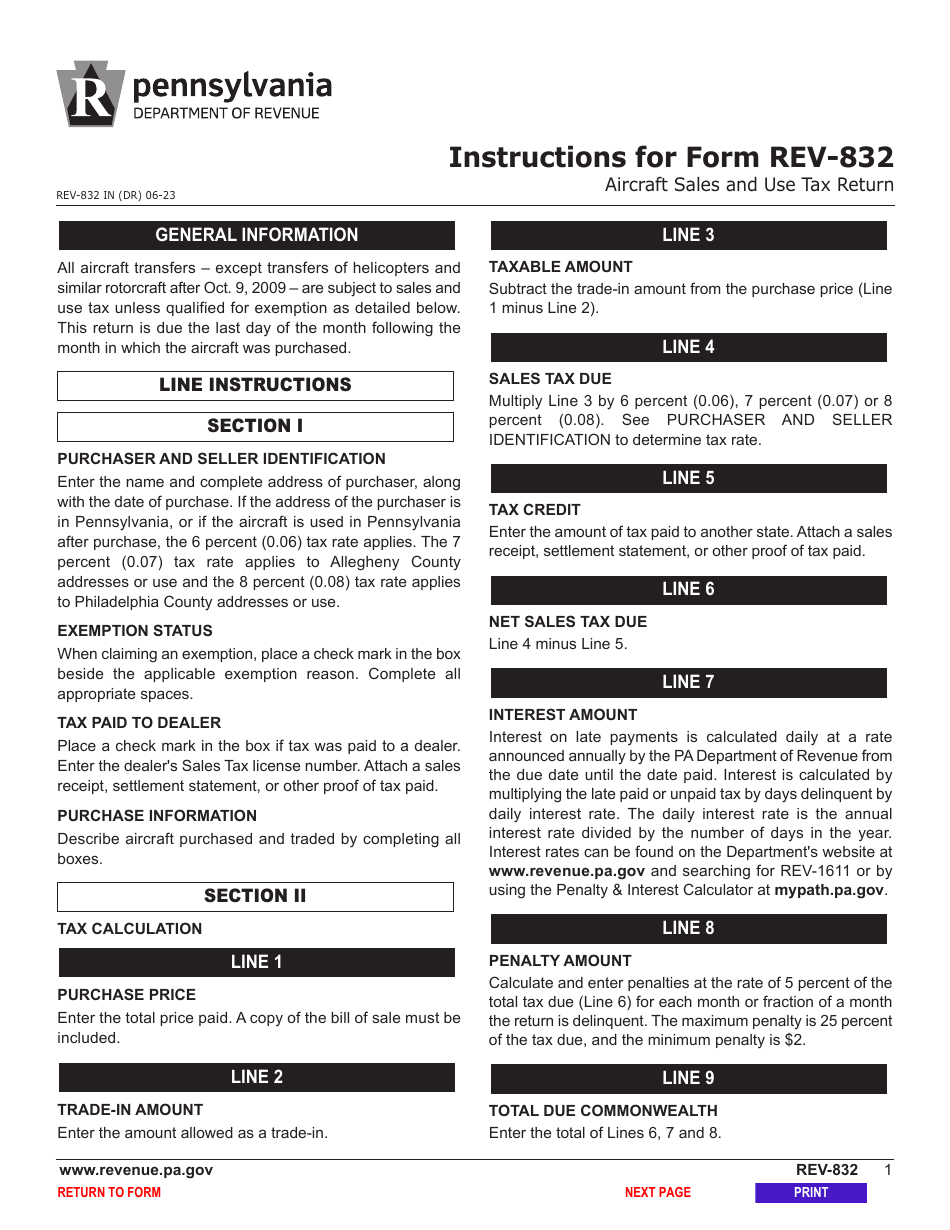 Form REV-832 Aircraft Sales and Use Tax Return - Pennsylvania, Page 3