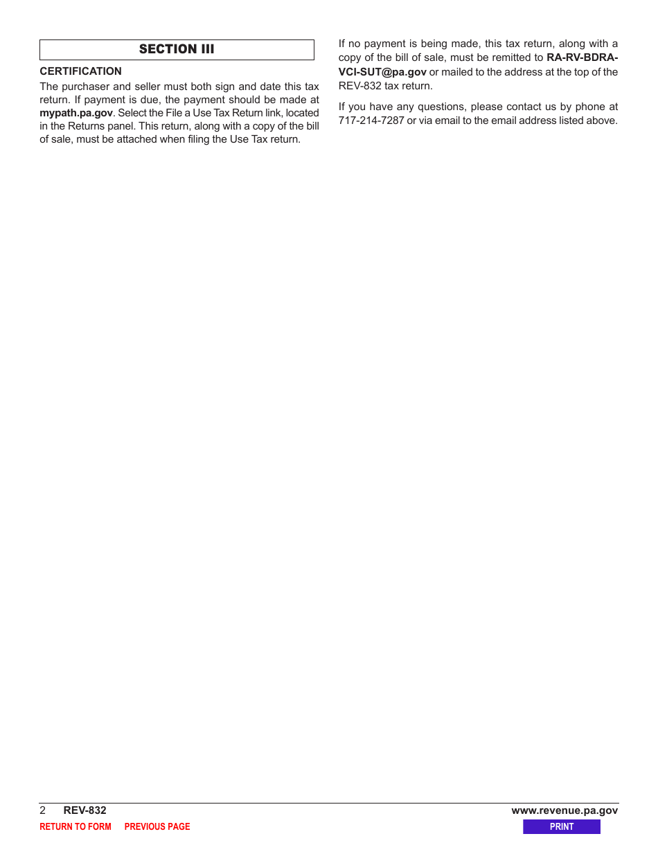 Form REV-832 Aircraft Sales and Use Tax Return - Pennsylvania, Page 4