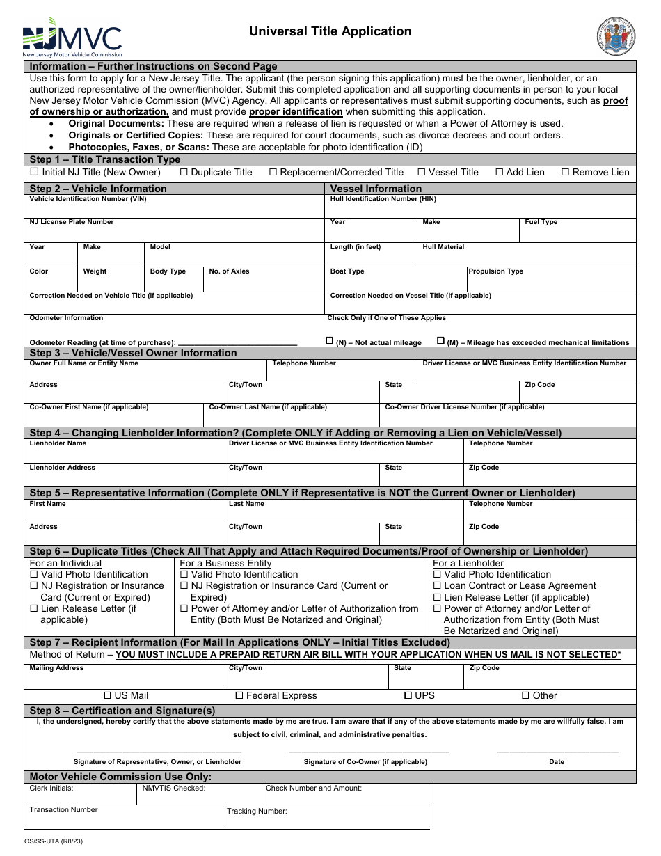 Form OS / SS-UTA Universal Title Application - New Jersey, Page 1