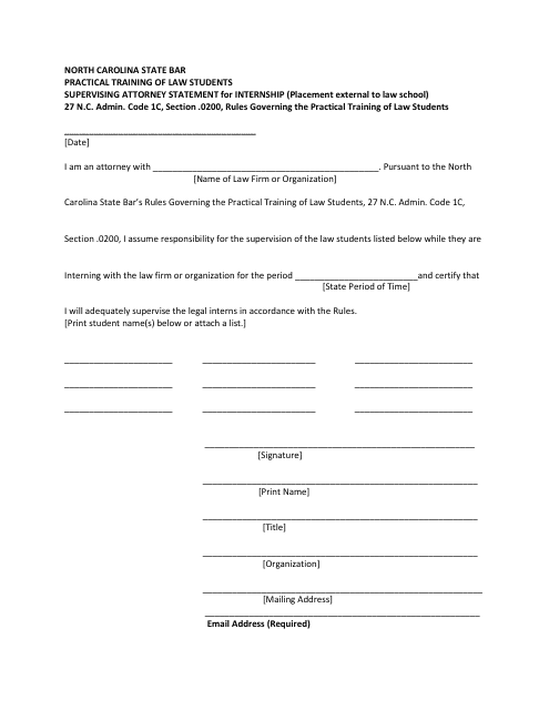 Supervising Attorney Statement for Internship (Placement External to Law School) - North Carolina Download Pdf