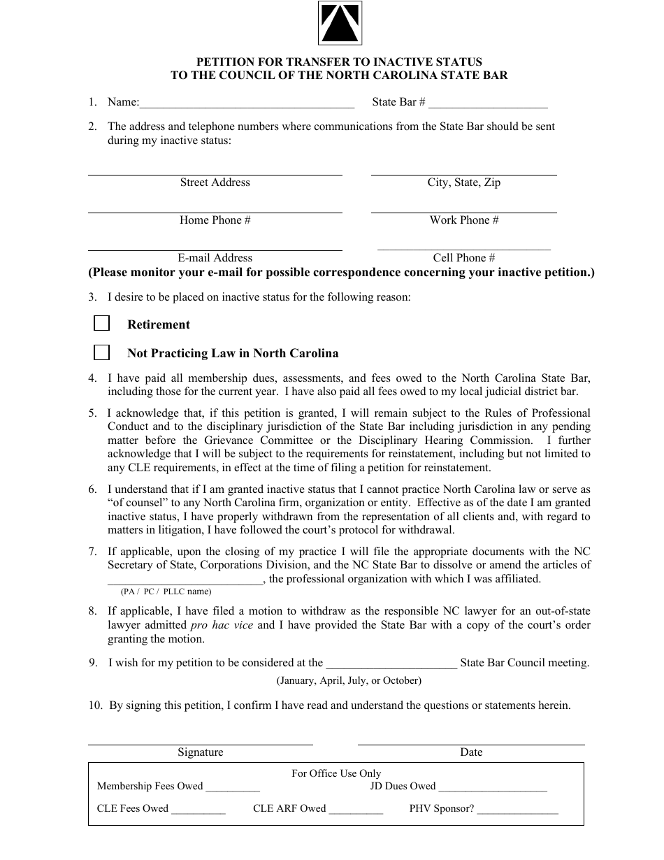Petition for Transfer to Inactive Status to the Council of the North Carolina State Bar - North Carolina, Page 2
