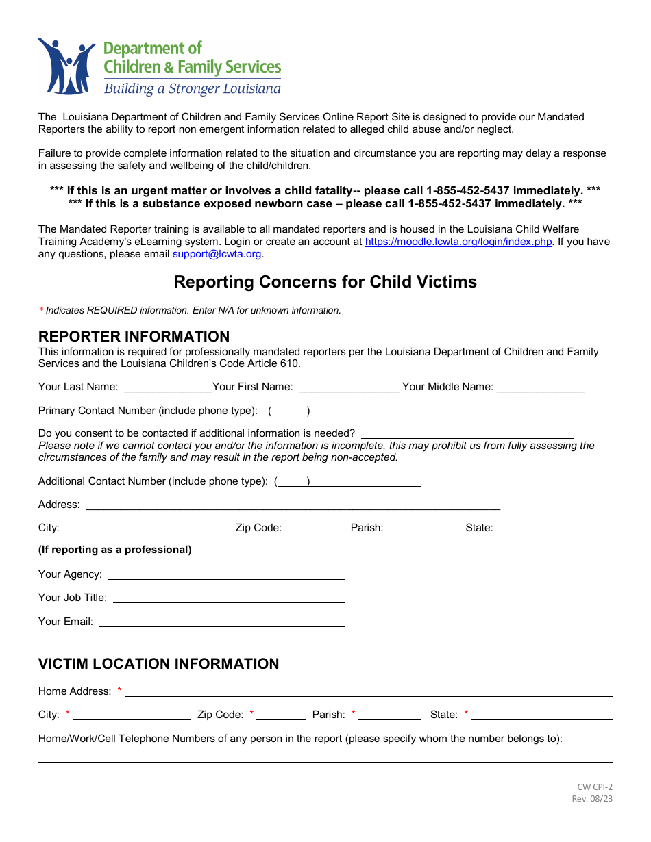 Form CW CPI-2 Reporting Concerns for Child Victims - Louisiana, Page 1