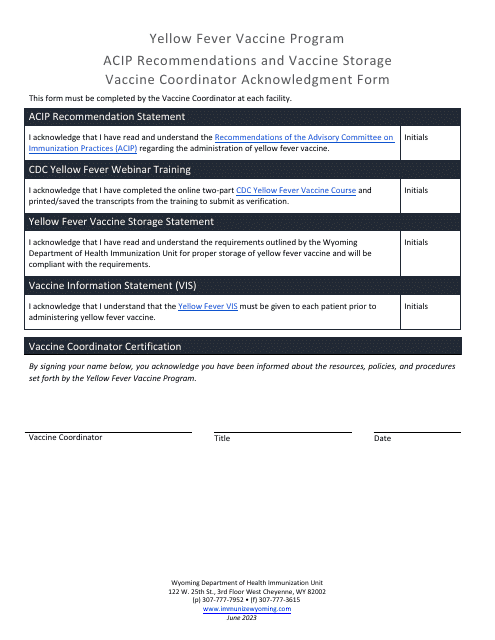 Acip Recommendations and Vaccine Storage Vaccine Coordinator Acknowledgment Form - Yellow Fever Vaccine Program - Wyoming Download Pdf