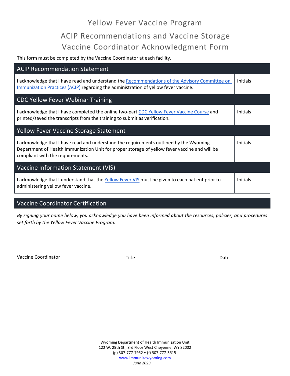 Acip Recommendations and Vaccine Storage Vaccine Coordinator Acknowledgment Form - Yellow Fever Vaccine Program - Wyoming, Page 1