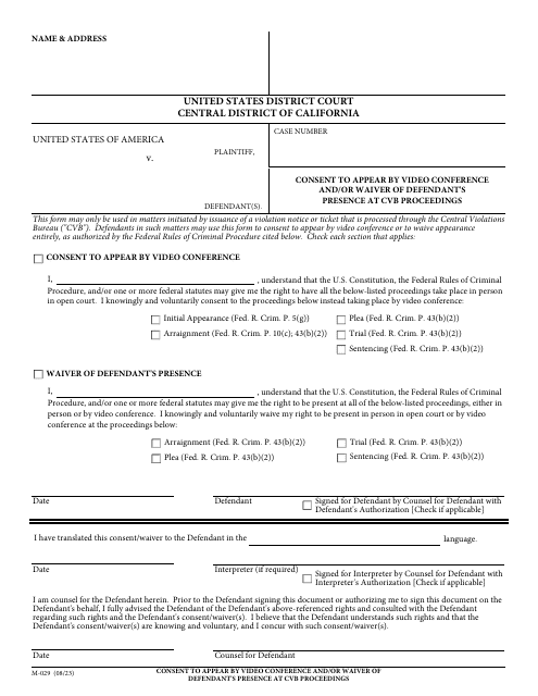 Form M-029 Consent to Appear by Video Conference and/or Waiver of Defendant's Presence at Cvb Proceedings - California