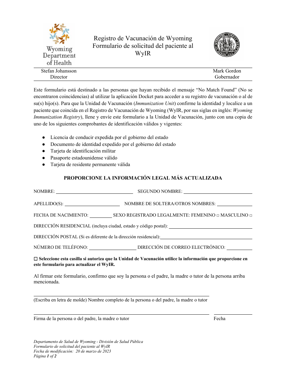 Formulario De Solicitud Del Paciente Al Wyir - Wyoming (Spanish), Page 1