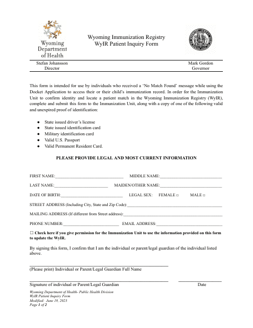Wyir Patient Inquiry Form - Wyoming