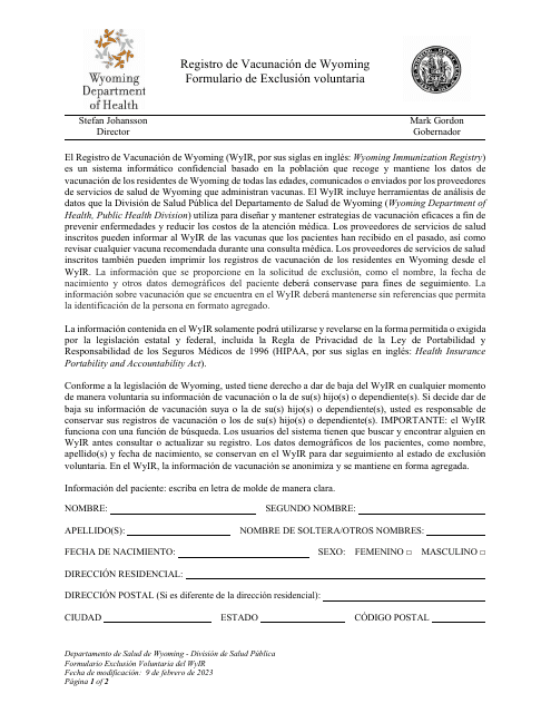 Formulario Exclusion Voluntaria Del Wyir - Wyoming (Spanish)